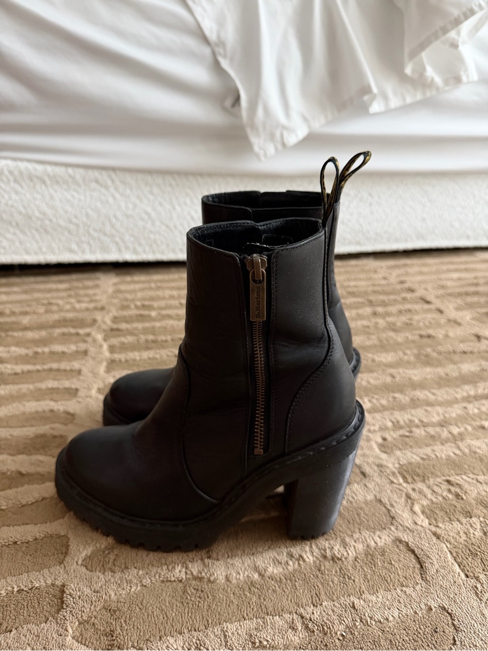Dr. Martens Black Leather Chunky Heel Ankle Boots with Side Zip